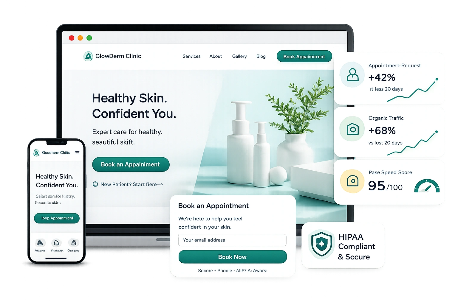 Dermatology website design composition showing desktop, mobile, analytics, booking and HIPAA compliance